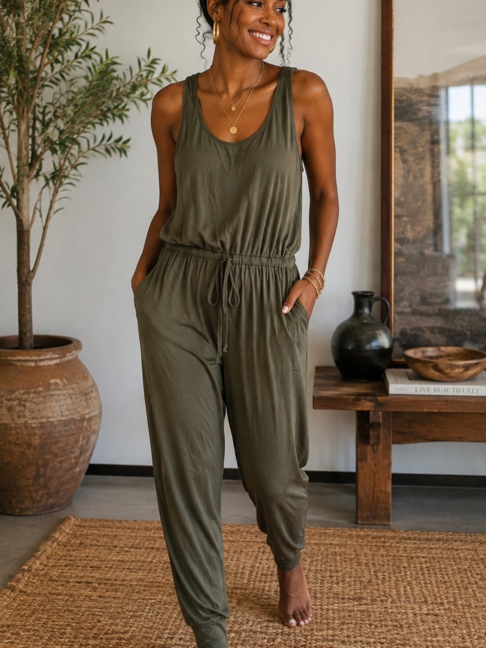 aerie Olive Sleeveless Drawstring Jumpsuit